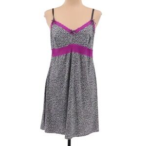 Y2K Leopard Print Babydoll Slip Dress Coquette Lingerie Grey Purple‎ Lace Size M